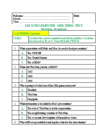 Đề kiểm tra giữa học kì 2 Tiếng Anh Lớp 10 Global Success (Có đáp án)