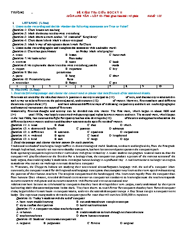Đề kiểm tra giữa học kì 2 Tiếng Anh Lớp 10 Global Success - Mã đề: 123 (Có ma trận, file nghe và đáp án)