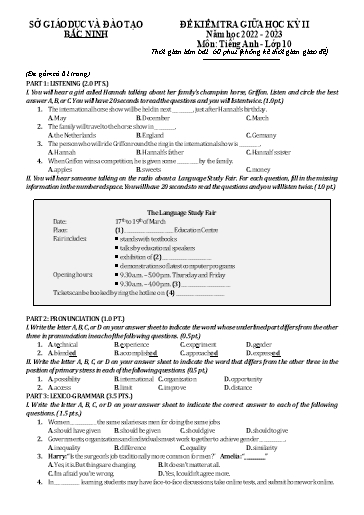 Đề kiểm tra giữa học kì 2 Tiếng Anh Lớp 10 Global Success - Năm học 2022-2023 - Sở GD&ĐT Bắc Ninh (Có đáp án)