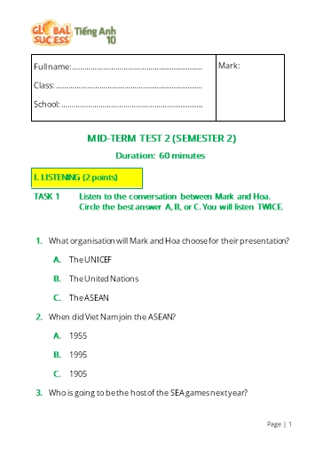 Đề kiểm tra giữa học kì 2 Tiếng Anh Lớp 10 Global Success - Test 2 (Có file nghe và đáp án)