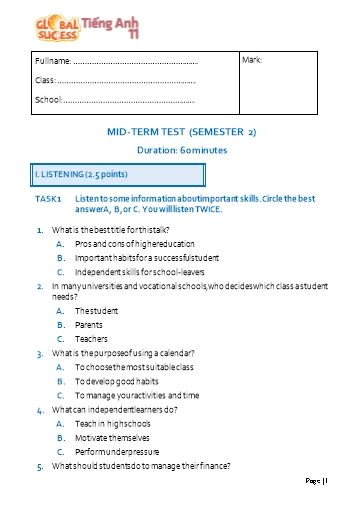Đề kiểm tra giữa học kì 2 Tiếng Anh Lớp 11 Global Success - Test 2 (Có file nghe và đáp án)