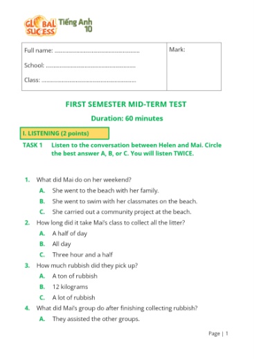 Đề kiểm tra giữa kì 1 Tiếng Anh Lớp 10 Global Success (Có đáp án)