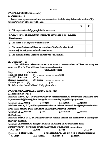 Đề kiểm tra học kì 1 Tiếng Anh Lớp 10 Global Success - Đề G10 (Có file nghe và đáp án)
