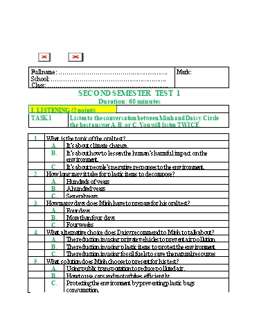 Đề kiểm tra học kì 2 Tiếng Anh Lớp 10 Global Success - Test 1 (Có đáp án)