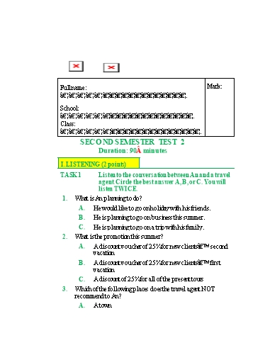 Đề kiểm tra học kì 2 Tiếng Anh Lớp 10 Global Success - Test 2 (Có đáp án)