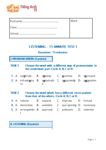 Đề kiểm tra nghe học kì 1 Tiếng Anh Lớp 11 Global Success (Có file nghe và đáp án)