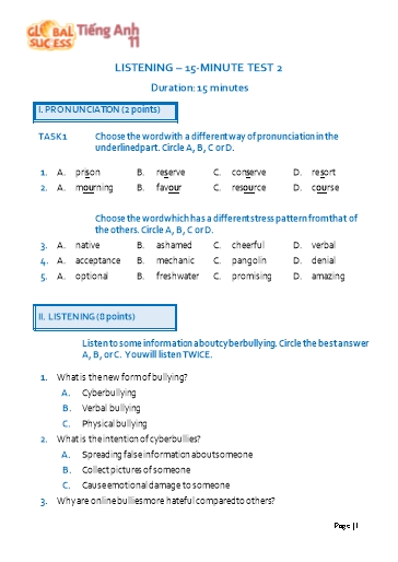 Đề kiểm tra nghe học kì 2 Tiếng Anh Lớp 11 Global Success (Có file nghe và đáp án)
