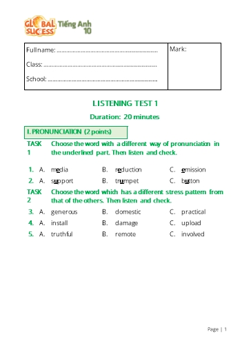 Đề kiểm tra nghe Tiếng Anh Lớp 10 Global Success - Test 1 (Có file nghe và đáp án)