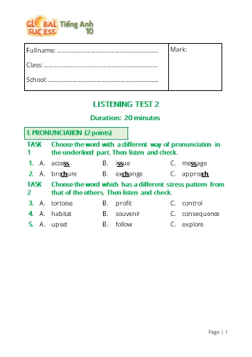 Đề kiểm tra nghe Tiếng Anh Lớp 10 Global Success - Test 2 (Có file nghe và đáp án)