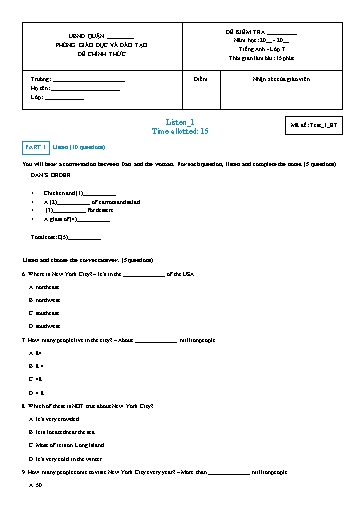 Đề kiểm tra nghe Tiếng Anh Lớp 7 Global Success - Mã đề: Test-1 (Có file nghe và đáp án)