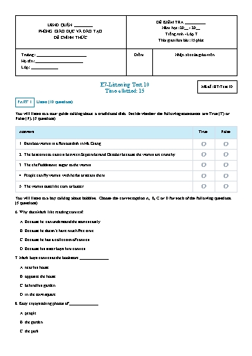 Đề kiểm tra nghe Tiếng Anh Lớp 7 Global Success - Mã đề: Test-10 (Có file nghe và đáp án)