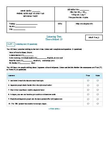 Đề kiểm tra nghe Tiếng Anh Lớp 7 Global Success - Mã đề: Test-2 (Có file nghe và đáp án)