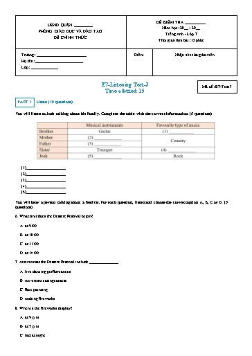 Đề kiểm tra nghe Tiếng Anh Lớp 7 Global Success - Mã đề: Test-3 (Có file nghe và đáp án) Đề kiểm tra nghe Tiếng Anh Lớp 7 Global Success - Mã đề: Test-3 (Có file nghe và đáp án)