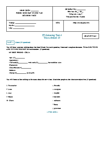 Đề kiểm tra nghe Tiếng Anh Lớp 7 Global Success - Mã đề: Test-4 (Có file nghe và đáp án)