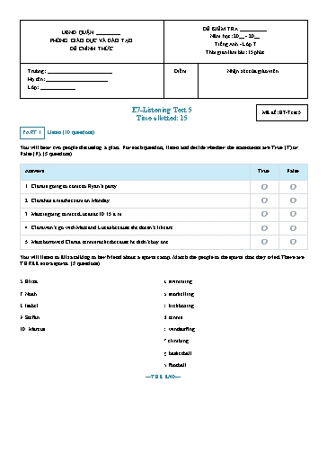 Đề kiểm tra nghe Tiếng Anh Lớp 7 Global Success - Mã đề: Test-5 (Có file nghe và đáp án)