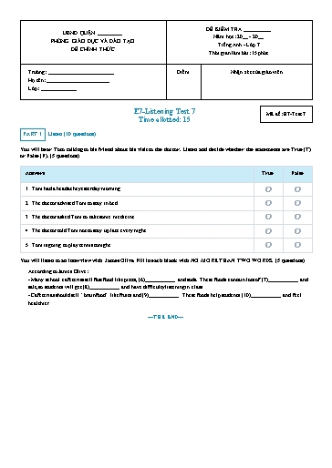 Đề kiểm tra nghe Tiếng Anh Lớp 7 Global Success - Mã đề: Test-7 (Có file nghe và đáp án)