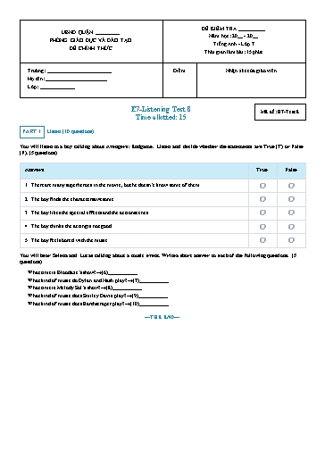 Đề kiểm tra nghe Tiếng Anh Lớp 7 Global Success - Mã đề: Test-8 (Có file nghe và đáp án)