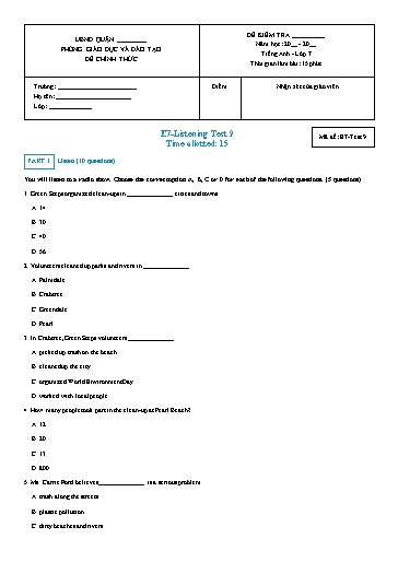 Đề kiểm tra nghe Tiếng Anh Lớp 7 Global Success - Mã đề: Test-9 (Có file nghe và đáp án) Đề kiểm tra nghe Tiếng Anh Lớp 7 Global Success - Mã đề: Test-9 (Có file nghe và đáp án)