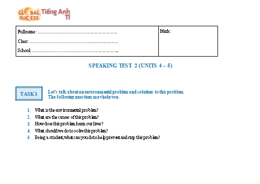 Đề kiểm tra nói học kì 1 Tiếng Anh Lớp 11 Global Success - Unit 4-5