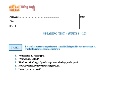 Đề kiểm tra nói học kì 2 Tiếng Anh Lớp 11 Global Success - Unit 9-10