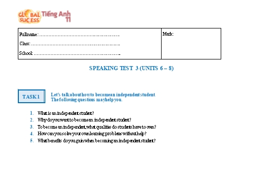 Đề kiểm tra nói học kì 2 Tiếng Anh Lớp 11 Global Success - Unit 6-8