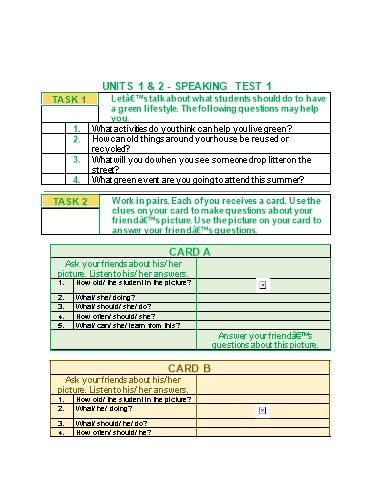 Đề kiểm tra nói Tiếng Anh Lớp 10 Global Success - Test 1: Unit 1+2