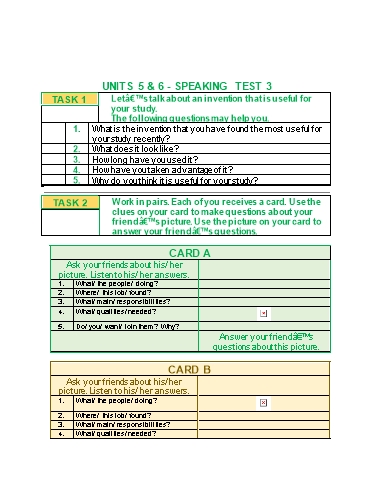 Đề kiểm tra nói Tiếng Anh Lớp 10 Global Success - Test 3: Unit 5+6