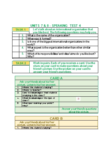 Đề kiểm tra nói Tiếng Anh Lớp 10 Global Success - Test 4: Unit 7+8