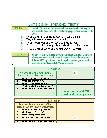 Đề kiểm tra nói Tiếng Anh Lớp 10 Global Success - Test 5: Unit 9+10