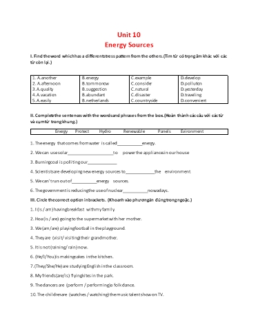 Đề kiểm tra theo unit Tiếng Anh Lớp 7 Global Success - Unit 10: Energy sources Đề kiểm tra theo unit Tiếng Anh Lớp 7 Global Success - Unit 10: Energy sources