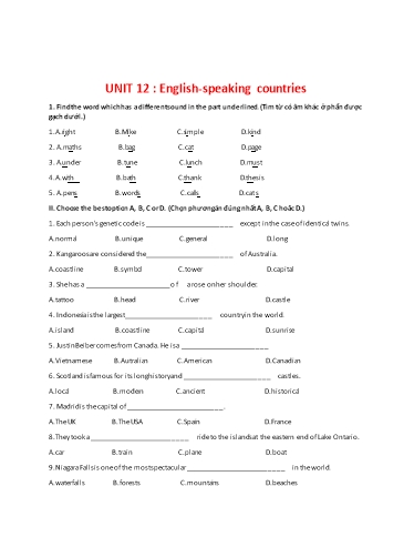 Đề kiểm tra theo unit Tiếng Anh Lớp 7 Global Success - Unit 12: English speaking countries Đề kiểm tra theo unit Tiếng Anh Lớp 7 Global Success - Unit 12: English speaking countries