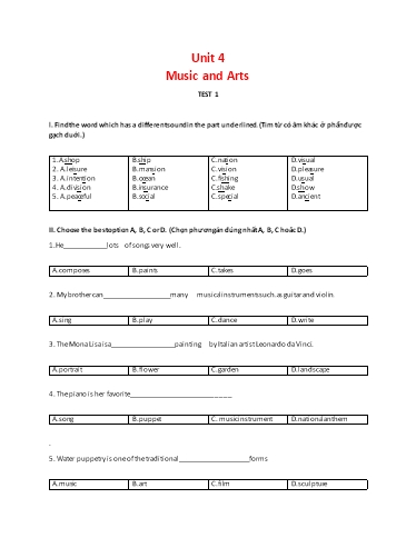 Đề kiểm tra theo unit Tiếng Anh Lớp 7 Global Success - Unit 4: Music and Arts