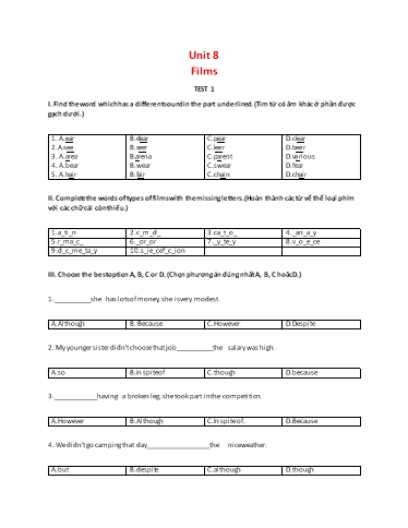 Đề kiểm tra theo unit Tiếng Anh Lớp 7 Global Success - Unit 8: Films