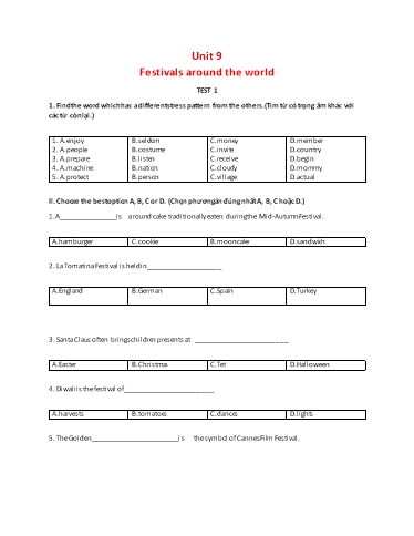 Đề kiểm tra theo unit Tiếng Anh Lớp 7 Global Success - Unit 9: Festivals around the world Đề kiểm tra theo unit Tiếng Anh Lớp 7 Global Success - Unit 9: Festivals around the world