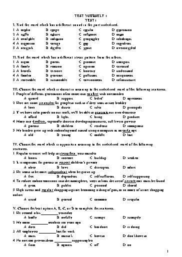 Đề kiểm tra Tiếng Anh Lớp 11 Global Success - Test yourself 1 - Test 1 (Có đáp án)