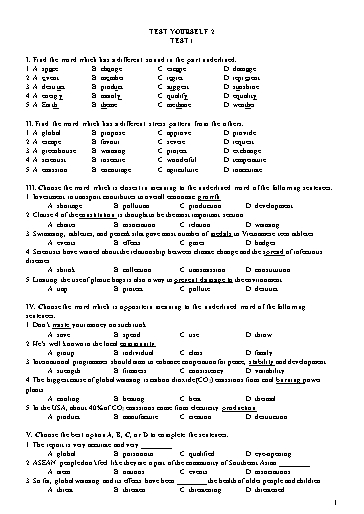 Đề kiểm tra Tiếng Anh Lớp 11 Global Success - Test yourself 2 - Test 1 (Có đáp án)