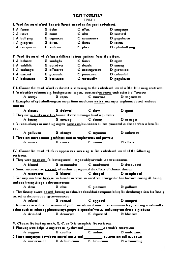 Đề kiểm tra Tiếng Anh Lớp 11 Global Success - Test yourself 4 - Test 1 (Có đáp án)