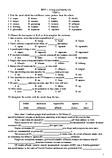 Đề kiểm tra Tiếng Anh Lớp 11 Global Success - Unit 1: A Long And healthy life - Test 3 (Có đáp án)