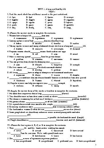 Đề kiểm tra Tiếng Anh Lớp 11 Global Success - Unit 1: A Long And healthy life - Test 1 (Có đáp án)