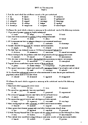 Đề kiểm tra Tiếng Anh Lớp 11 Global Success - Unit 10: The ecosystem - Test 2 (Có đáp án)