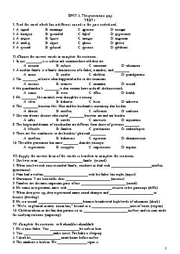 Đề kiểm tra Tiếng Anh Lớp 11 Global Success - Unit 2: The generation gap - Test 1 (Có đáp án)