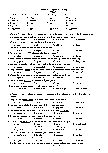 Đề kiểm tra Tiếng Anh Lớp 11 Global Success - Unit 2: The generation gap - Test 2 (Có đáp án)