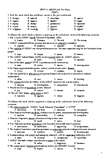 Đề kiểm tra Tiếng Anh Lớp 11 Global Success - Unit 4: Asean and Viet Nam - Test 2 (Có đáp án)