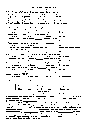 Đề kiểm tra Tiếng Anh Lớp 11 Global Success - Unit 4: Asean and Viet Nam - Test 3 (Có đáp án)