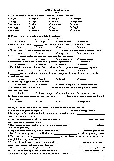 Đề kiểm tra Tiếng Anh Lớp 11 Global Success - Unit 5: Global warming - Test 1 (Có đáp án)