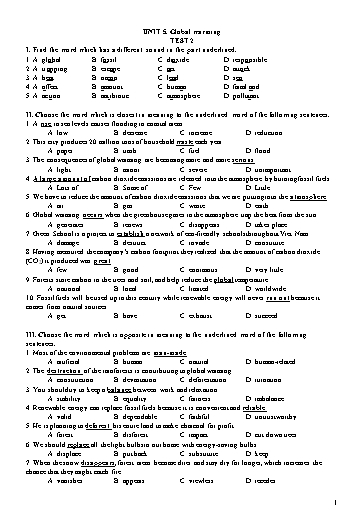 Đề kiểm tra Tiếng Anh Lớp 11 Global Success - Unit 5: Global warming - Test 2 (Có đáp án)