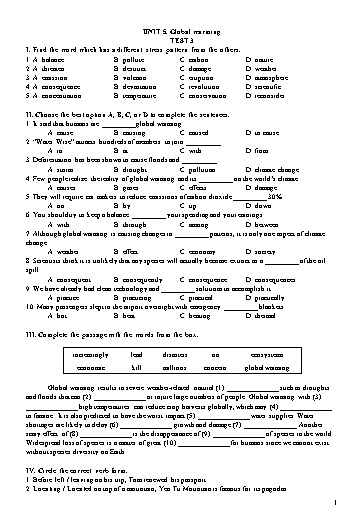 Đề kiểm tra Tiếng Anh Lớp 11 Global Success - Unit 5: Global warming - Test 3 (Có đáp án)