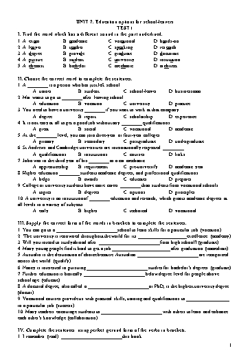 Đề kiểm tra Tiếng Anh Lớp 11 Global Success - Unit 7: Education options for school leavers - Test 1 (Có đáp án)