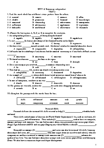 Đề kiểm tra Tiếng Anh Lớp 11 Global Success - Unit 8: Becoming independent - Test 3 (Có đáp án)