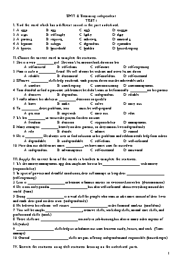 Đề kiểm tra Tiếng Anh Lớp 11 Global Success - Unit 8: Becoming independent - Test 1 (Có đáp án)